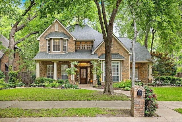 view of front of property with a shingled roof, fence, and a front yard