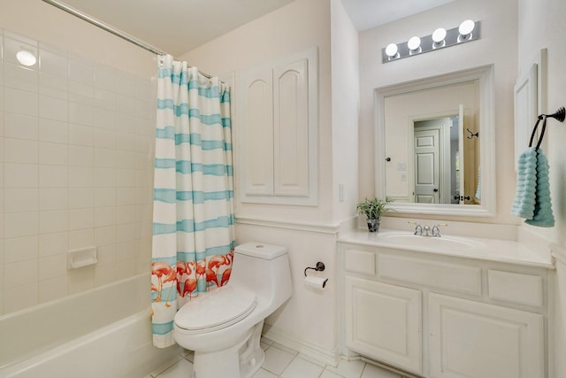 bathroom featuring vanity, toilet, tile patterned flooring, and shower / tub combo