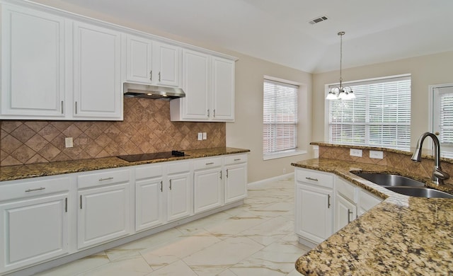 kitchen with visible vents, marble finish floor, black electric cooktop, under cabinet range hood, and a sink