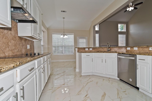 kitchen with stainless steel dishwasher, black electric cooktop, under cabinet range hood, a sink, and vaulted ceiling