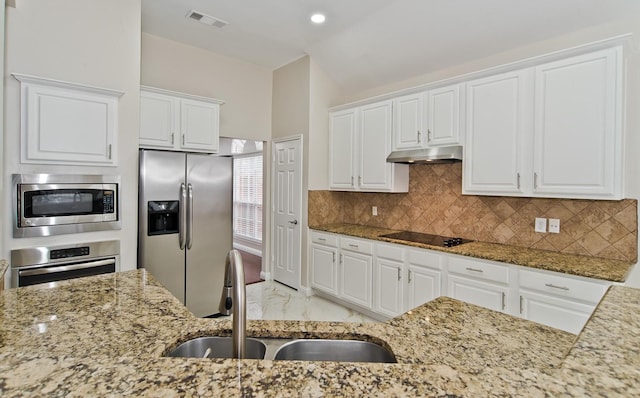 kitchen with visible vents, appliances with stainless steel finishes, light stone countertops, a sink, and under cabinet range hood