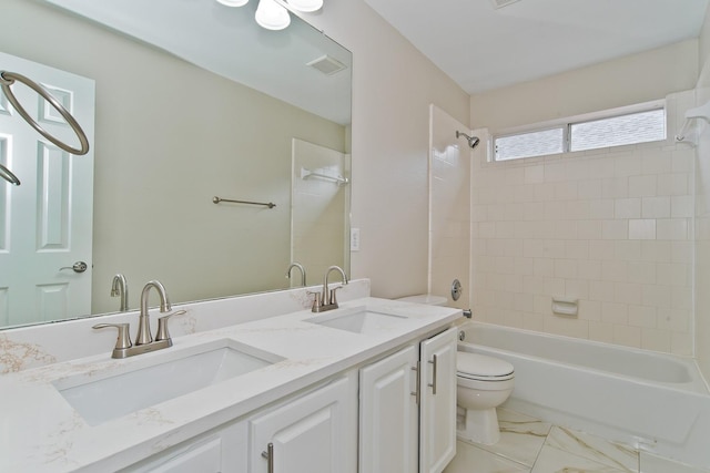 bathroom featuring a sink, toilet, shower / bath combination, and visible vents