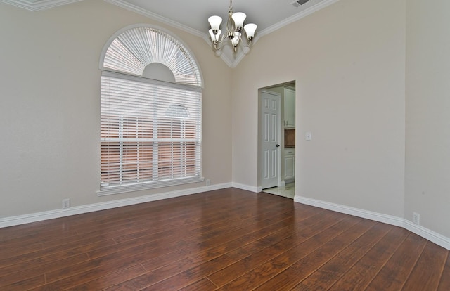 unfurnished room with crown molding, an inviting chandelier, hardwood / wood-style floors, baseboards, and visible vents
