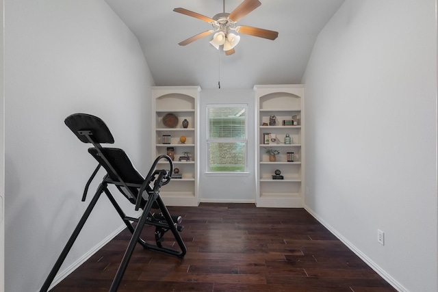 2308 Patriot Dr, Melissa, TX 75454 - workout room with dark wood-type flooring, baseboards, ceiling fan, and lofted ceiling
