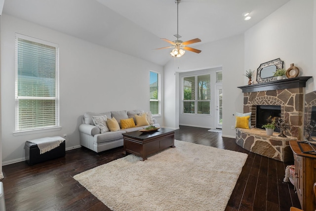 2308 Patriot Dr, Melissa, TX 75454 - living room featuring baseboards, a fireplace, a ceiling fan, and dark wood finished floors