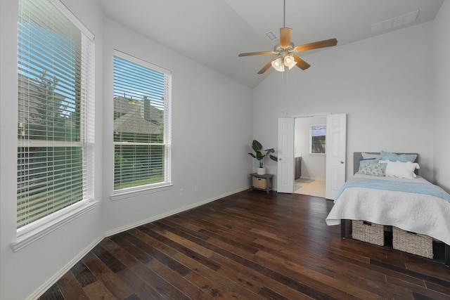 2308 Patriot Dr, Melissa, TX 75454 - bedroom with hardwood / wood-style floors, a ceiling fan, baseboards, lofted ceiling, and visible vents