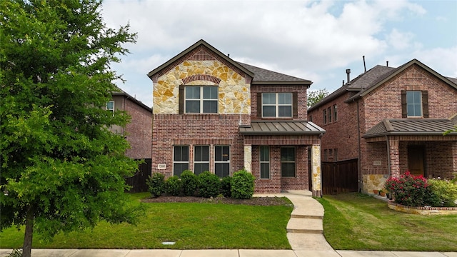 traditional-style house with brick siding, fence, a standing seam roof, and a front lawn