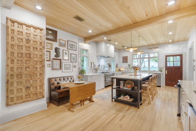 417 N Waddill St, Mckinney, TX 75069 - kitchen with appliances with stainless steel finishes, open shelves, light countertops, wooden ceiling with exposed beams, and light wood-style floors