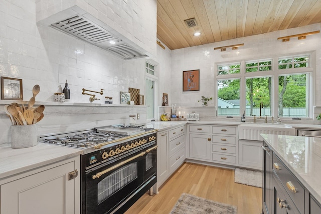417 N Waddill St, Mckinney, TX 75069 - kitchen with double oven range, a sink, range hood, light wood finished floors, and wood ceiling