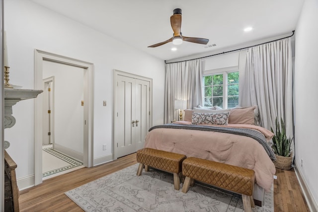 417 N Waddill St, Mckinney, TX 75069 - bedroom with light wood-type flooring, baseboards, recessed lighting, and a ceiling fan