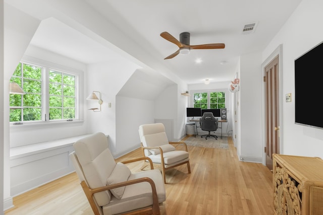 417 N Waddill St, Mckinney, TX 75069 - living area with a desk, light wood-type flooring, a ceiling fan, and baseboards