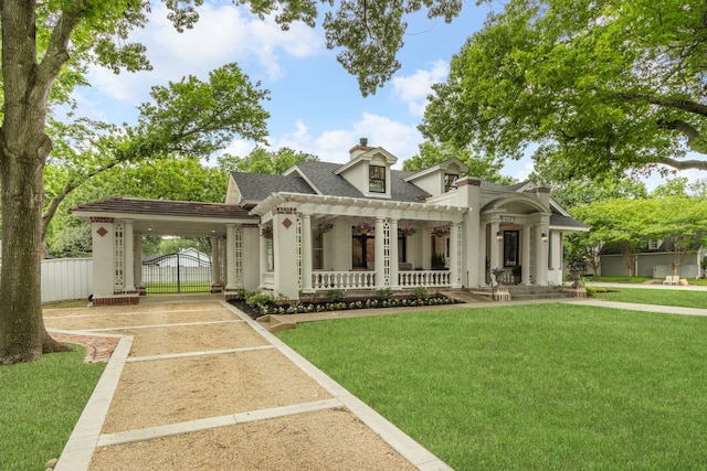 417 N Waddill St, Mckinney, TX 75069 - view of front of house featuring a porch, roof with shingles, a chimney, a gate, and driveway