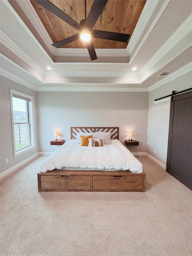 232 Conti Way, Bossier City, LA 71111 - bedroom featuring a barn door, light colored carpet, a tray ceiling, baseboards, and wooden ceiling