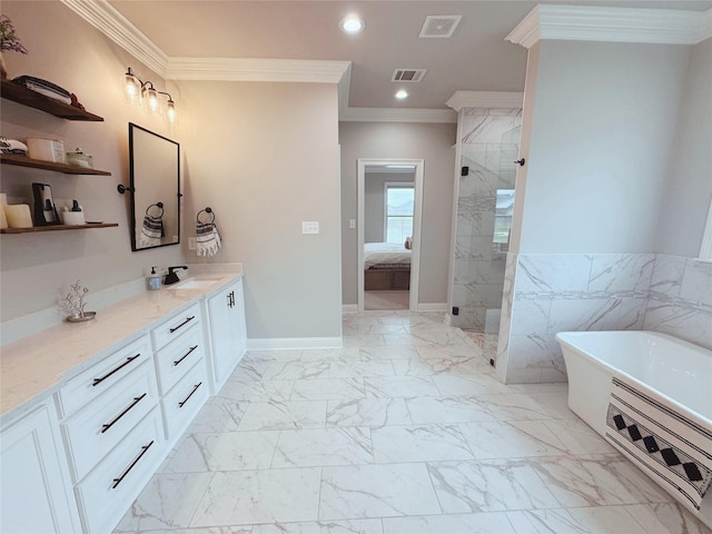 232 Conti Way, Bossier City, LA 71111 - ensuite bathroom featuring a freestanding tub, crown molding, vanity, tiled shower, and marble finish flooring