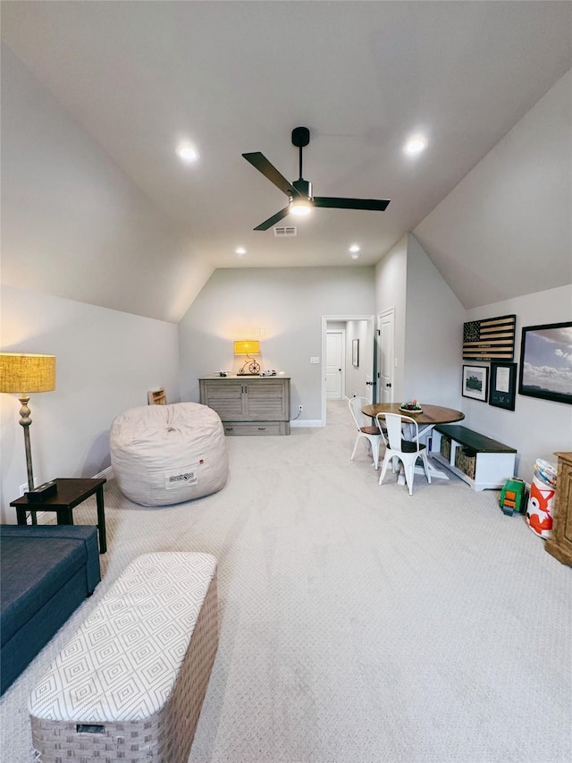 game room with a ceiling fan, carpet, recessed lighting, and lofted ceiling