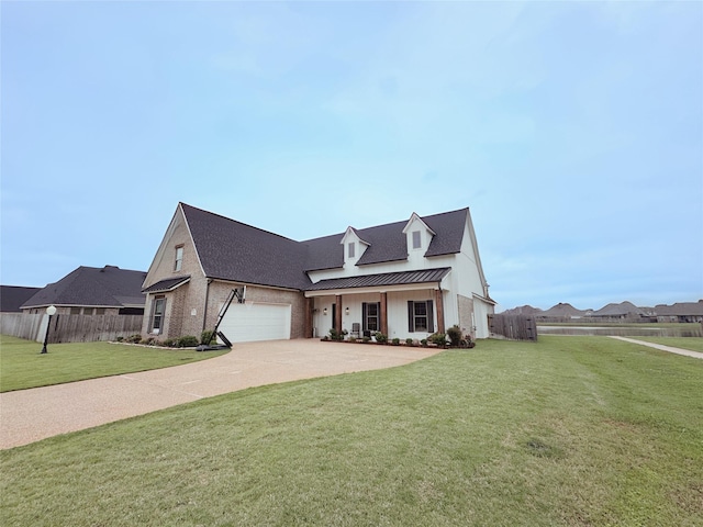 modern inspired farmhouse with a standing seam roof, metal roof, a front yard, fence, and concrete driveway