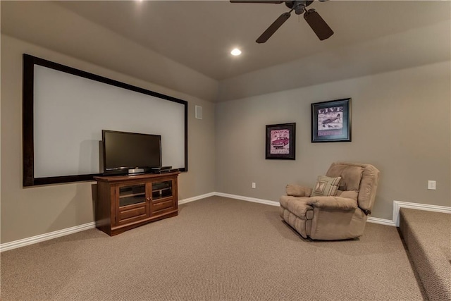 carpeted home theater room featuring baseboards, ceiling fan, recessed lighting, and visible vents