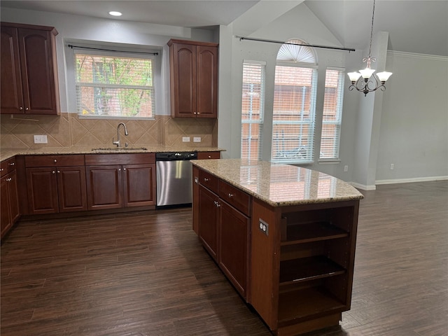 kitchen featuring a sink, tasteful backsplash, dark wood-style flooring, and dishwasher