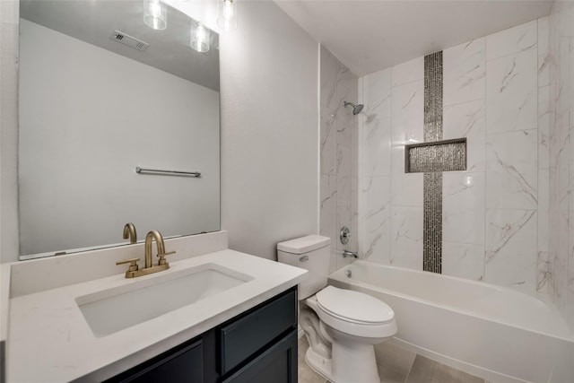 full bath featuring vanity, shower / bath combination, visible vents, and toilet