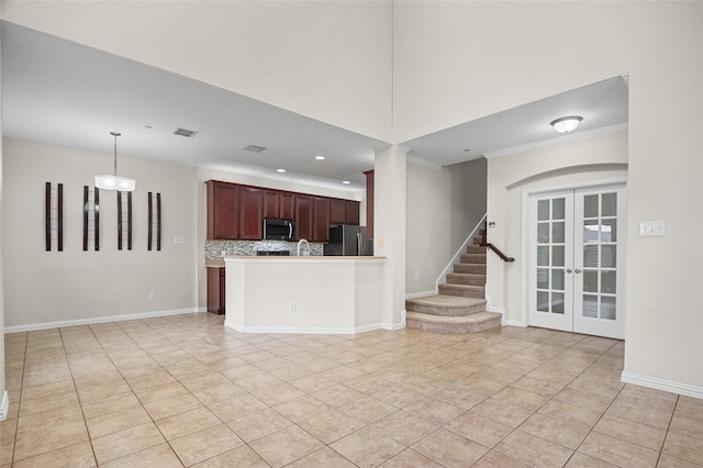 unfurnished living room with ornamental molding, baseboards, stairway, french doors, and light tile patterned floors