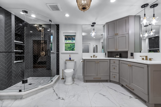 full bath with double vanity, a stall shower, toilet, and visible vents