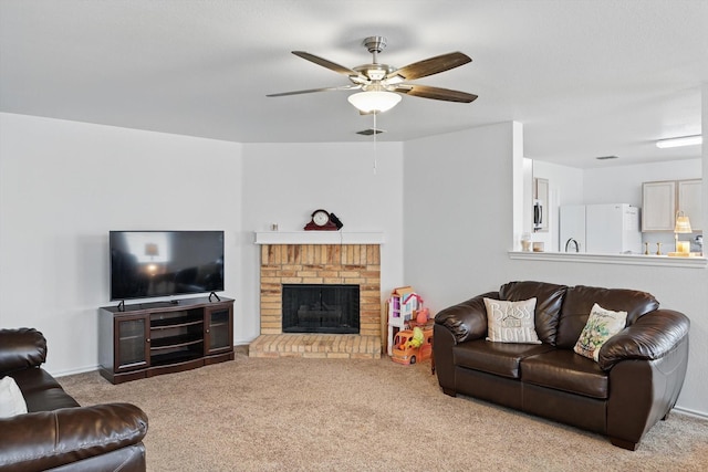 712 Riverflat Dr, Fort Worth, TX 76179 - living room featuring a ceiling fan, carpet flooring, and a brick fireplace