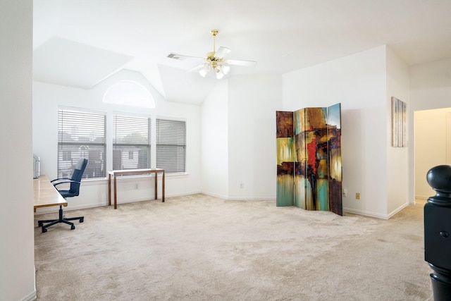 5624 Big River Dr, The Colony, TX 75056 - home office featuring baseboards, lofted ceiling, ceiling fan, and carpet floors