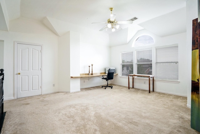 5624 Big River Dr, The Colony, TX 75056 - carpeted office featuring visible vents, baseboards, a ceiling fan, and high vaulted ceiling