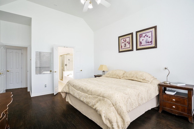 5624 Big River Dr, The Colony, TX 75056 - bedroom featuring lofted ceiling, a ceiling fan, baseboards, connected bathroom, and wood finished floors