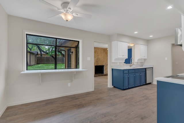 7804 Skylake Dr, Fort Worth, TX 76179 - kitchen with a sink, stainless steel dishwasher, blue cabinetry, and wood finished floors