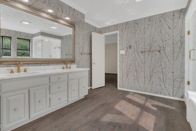 7804 Skylake Dr, Fort Worth, TX 76179 - full bath with ornamental molding, a sink, and wood finished floors