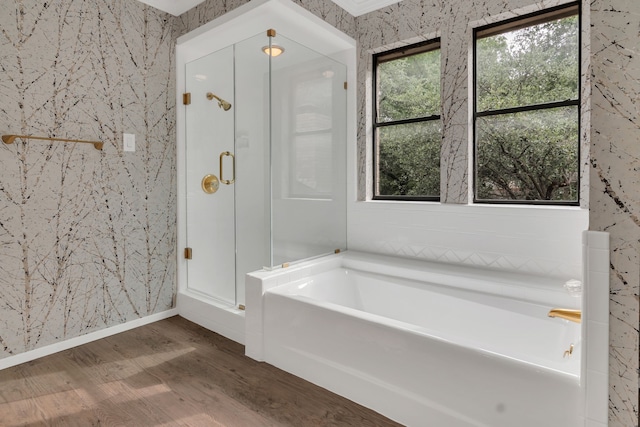 7804 Skylake Dr, Fort Worth, TX 76179 - bathroom featuring a shower stall, wood finished floors, and a bath