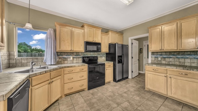 1821 Sandpiper Dr, Weatherford, TX 76088 - kitchen with black appliances, a sink, light brown cabinets, backsplash, and crown molding