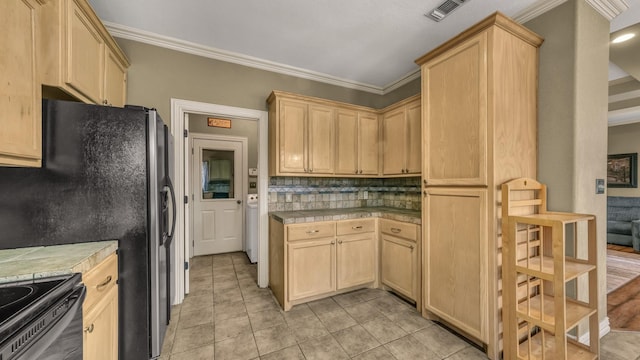 1821 Sandpiper Dr, Weatherford, TX 76088 - kitchen featuring light brown cabinets, ornamental molding, backsplash, and light tile patterned flooring
