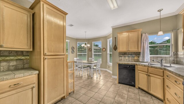 1821 Sandpiper Dr, Weatherford, TX 76088 - kitchen featuring black dishwasher, a sink, light brown cabinets, light tile patterned floors, and backsplash