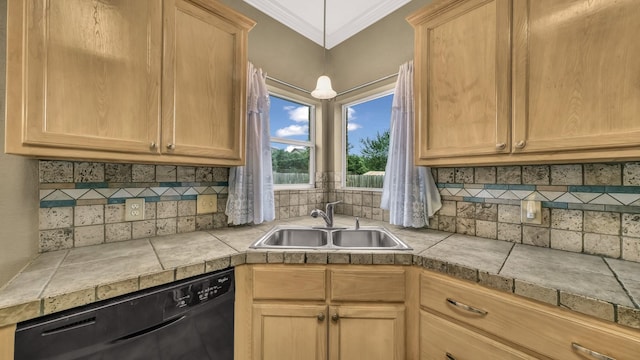 1821 Sandpiper Dr, Weatherford, TX 76088 - kitchen featuring black dishwasher, a sink, ornamental molding, decorative backsplash, and light brown cabinets