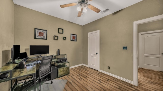 1821 Sandpiper Dr, Weatherford, TX 76088 - office area featuring ceiling fan, wood finished floors, and baseboards
