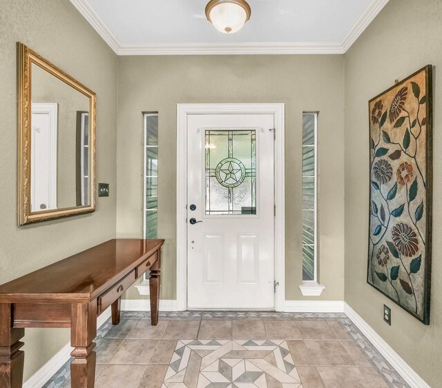 1821 Sandpiper Dr, Weatherford, TX 76088 - entrance foyer with ornamental molding, light tile patterned flooring, and baseboards