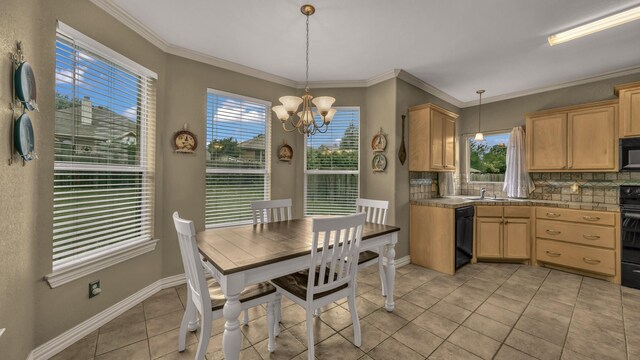 1821 Sandpiper Dr, Weatherford, TX 76088 - dining space with light tile patterned floors, a chandelier, baseboards, and ornamental molding