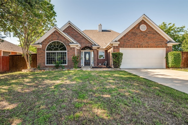 1521 Merritt Dr, Flower Mound, TX 75028 - single story home with brick siding, driveway, an attached garage, a chimney, and roof with shingles