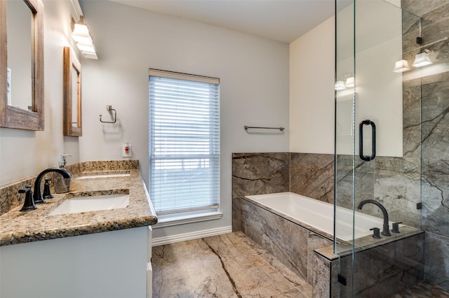 1521 Merritt Dr, Flower Mound, TX 75028 - bathroom with marble finish floors, a garden tub, a shower stall, and double vanity