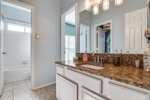 1521 Merritt Dr, Flower Mound, TX 75028 - full bath featuring vanity, baseboards, tile patterned floors, a chandelier, and bathtub / shower combination
