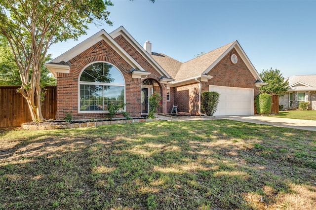 1521 Merritt Dr, Flower Mound, TX 75028 - ranch-style house with brick siding, an attached garage, concrete driveway, and a chimney