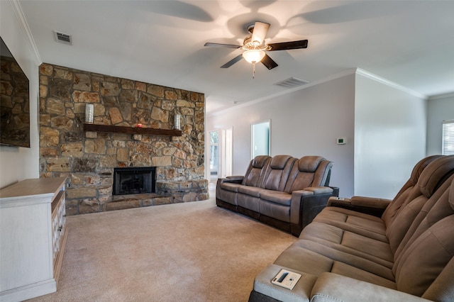 1521 Merritt Dr, Flower Mound, TX 75028 - living area featuring ornamental molding, ceiling fan, light carpet, and a fireplace