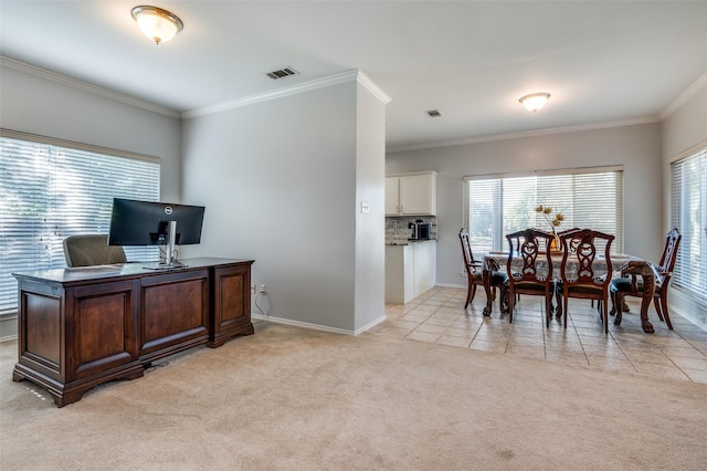 1521 Merritt Dr, Flower Mound, TX 75028 - office with light carpet, ornamental molding, baseboards, and light tile patterned floors