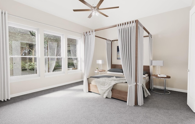 carpeted bedroom with baseboards and a ceiling fan