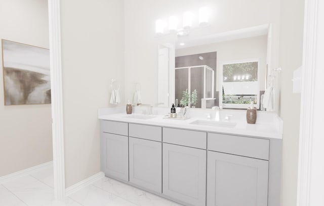 bathroom featuring double vanity, a sink, marble finish floor, and a stall shower