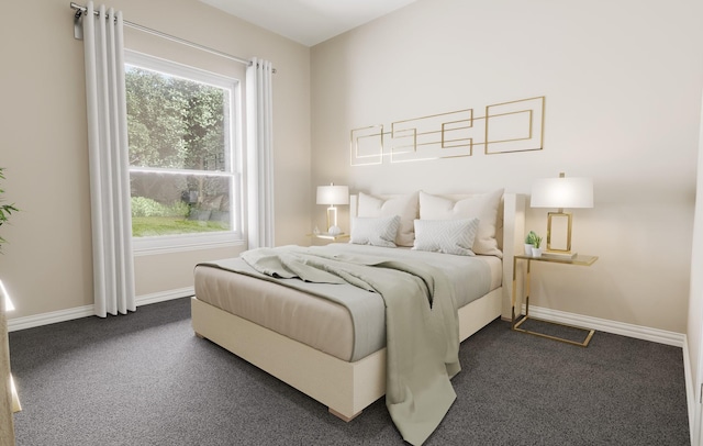 bedroom featuring dark colored carpet and baseboards