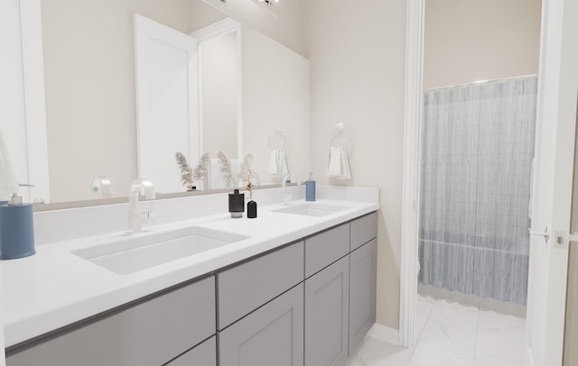 full bathroom featuring a sink, curtained shower, double vanity, and marble finish floor