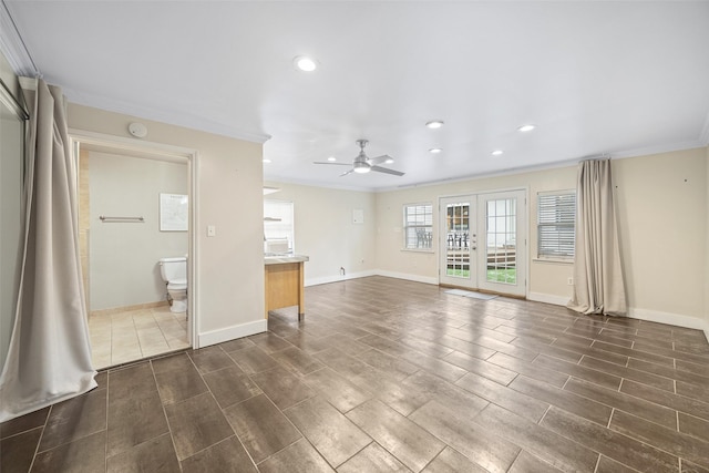 unfurnished living room with crown molding, a ceiling fan, wood finish floors, and recessed lighting